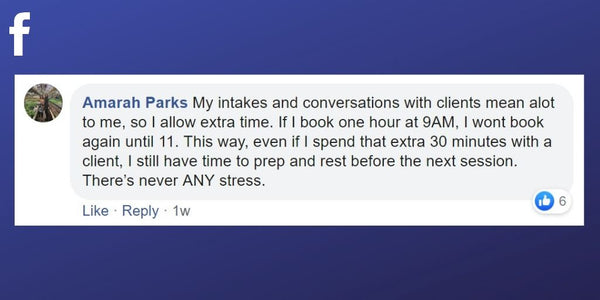 Facebook post from Amarah Parks about leaving an hour free between treatments 