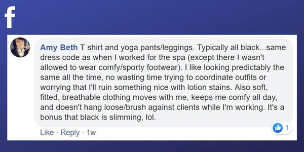 Facebook post from Amy Beth about choosing gym clothes as her massage therapist uniform