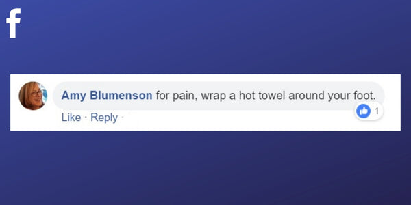 Facebook post from Amy Blumenson about relieving pain in the feet with a hot towel