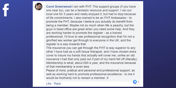 Facebook post from Carol Greenwood about professional associations helping with insurance