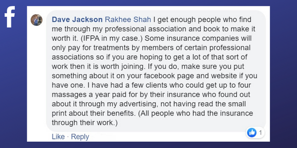 Facebook post from Dave Jackson about getting clients through belonging to a professional association