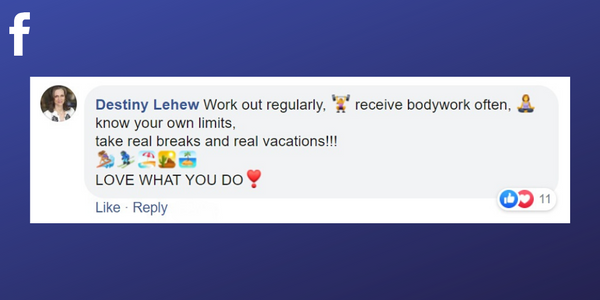 Facebook post from Destiny Lehew about taking proper holidays as a massage therapist 