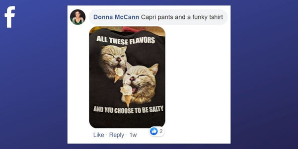 Facebook post from Donna McCann about choosing a funny t-shirt as part of her uniform as a massage therapist