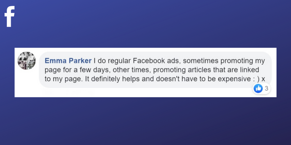 Facebook post from Emma Parker about using Facebook adverts to grow her massage therapy business
