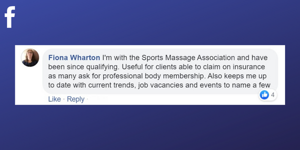 Facebook post from Fiona Wharton about being part of a professional association helping her get clients through insurance providers 