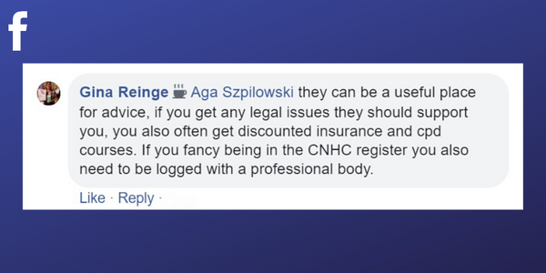 Facebook post from Gina Reinge about professional associations can help with legal issues