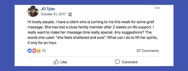 Client dealing with grief facebook post from Jo Tylor