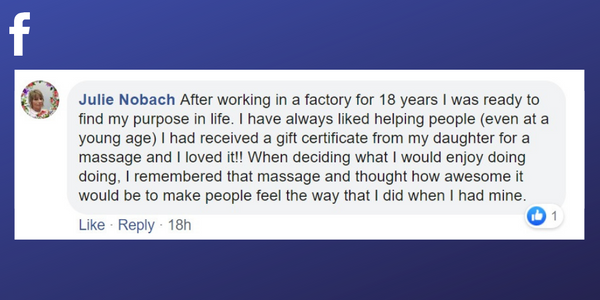 Facebook post from Julie Nobach about why she became a massage therapist