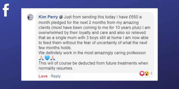 Facebook post from Kim Perry about asking clients for support with gift certificates