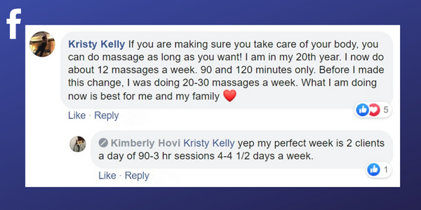 Facebook post from Kristy Kelly about scheduling treatments for the week 