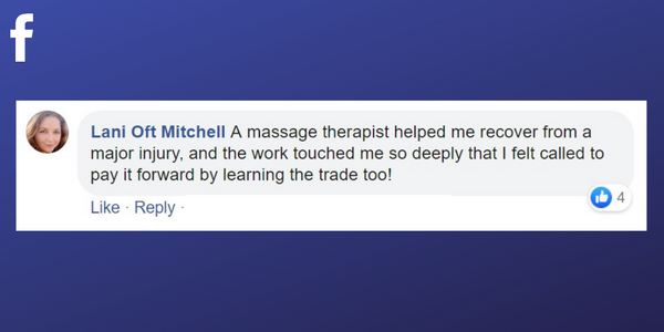 Facebook post from Lani Oft Mitchell about receiving help from a massage therapist and becoming a therapist herself