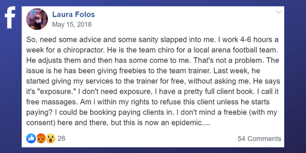 Facebook post from Laura Folos looking for advice from other massage therapists