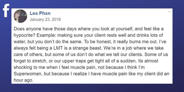 Facebook post from Lea Phan about experiencing pain as a massage therapist