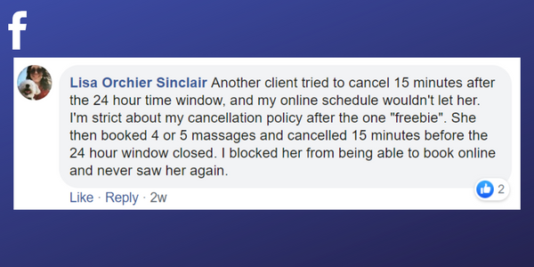 Facebook post from Lisa Orchier Sinclair about firing a client who kept cancelling. 