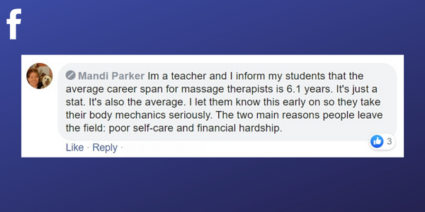 Facebook post from Mandi Parker about the average life span of a massage therapy career 