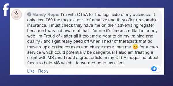 Facebook post from Mandy Roper about looking more professional when as a massage therapist you belong to an assocation