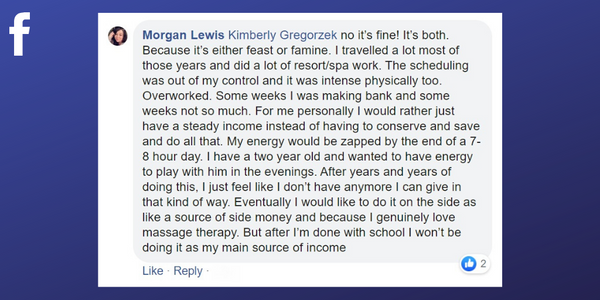 Facebook post from Morgan Lewis about burning out from her career in massage therapy 
