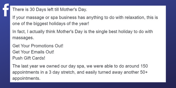 Facebook post from about mother's day being a good marketing tool for massage therapists