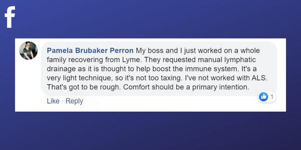 Facebook post from Pamela Brubaker Perron about massage helping with the immune system of paitents with Lyme disease