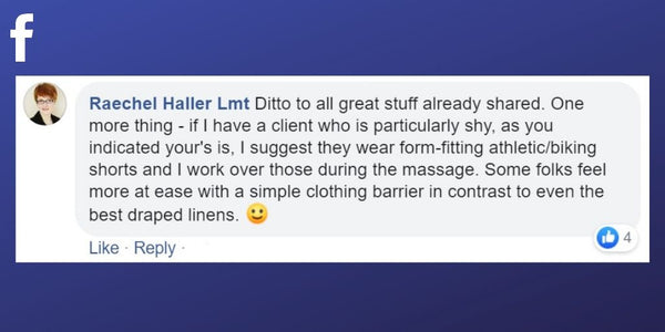 Facebook post from Raechel Haller Lmt about making clients comfortable when massaging the glutes