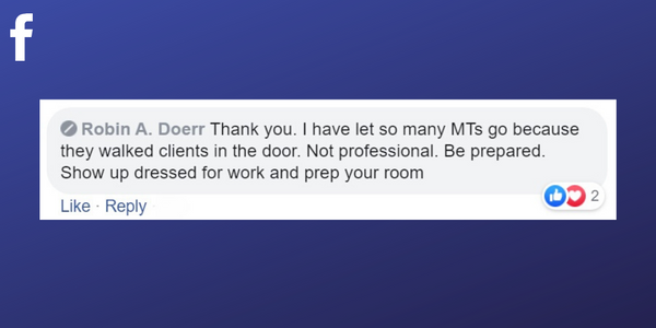 Facebook post from Robin A. Doerr about firing massage therapists for not being on time 