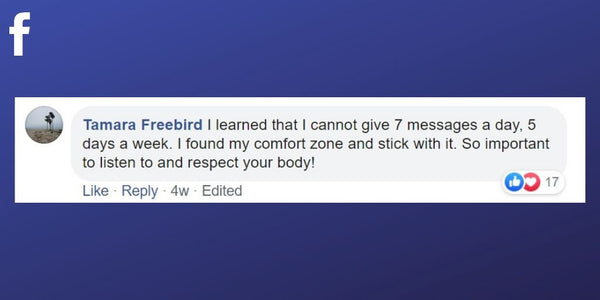 Facebook post from Tamara Freebird about finding the right amount of massage treatments to deliver each week