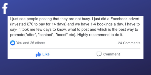 Facebook post from a Massage Therapist about using Facebook promotions 