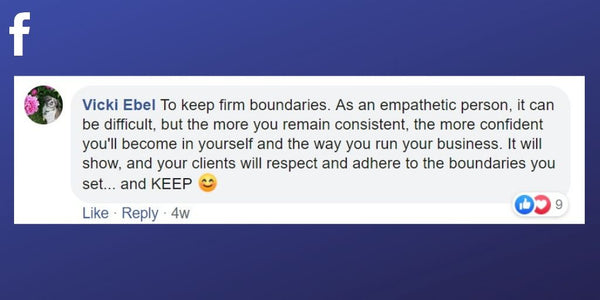 Facebook post from Vicki Ebel about maintaining your boundaries as a massage therapist