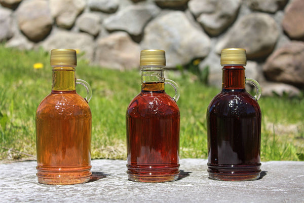 three 250ml glass bottles of Vermont Maple Syrup 