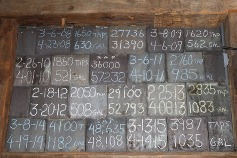 slate tiles hung on barn board with chalk writing 