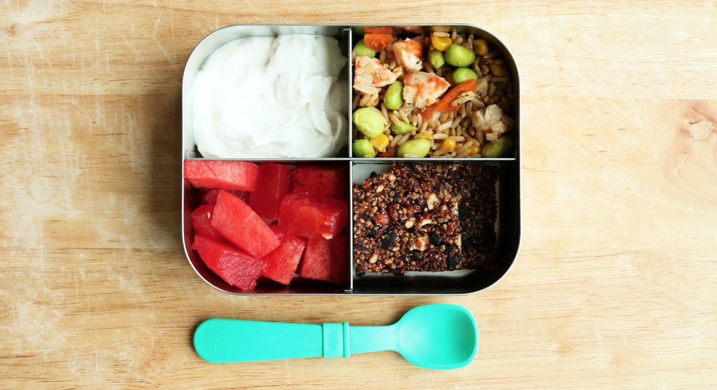 kids lunchbox with watermelon fried rice and yogurt