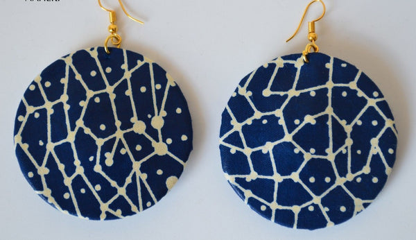 African Fabric Round Earrings - Navy Blue