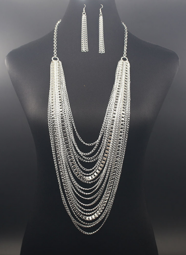 Multi Tassel Necklace Set - Silver