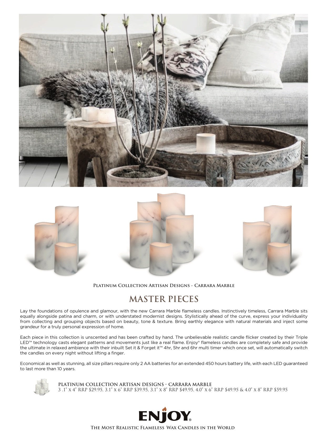 ENJOY Flameless Candle 3.1" x 4" Platinum Carrara Marble with Multi Timer