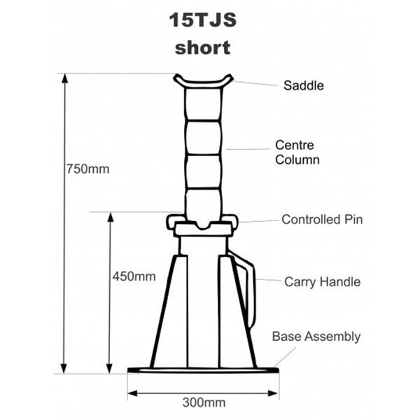 Borum Industrial Pin-Style Short Jack Stand, 15,000kg Drawing with Dimensions