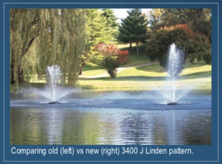 Comparison of the old and new Kasco  3400 J Series Fountain Linden spray pattern.