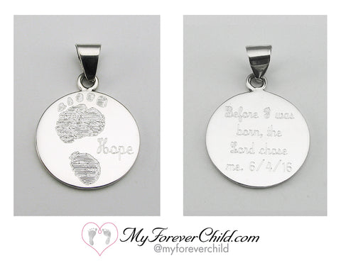 Actual Size 20 week Baby Footprint Custom Engraved on Extra Large Round Sterling Silver Pendant