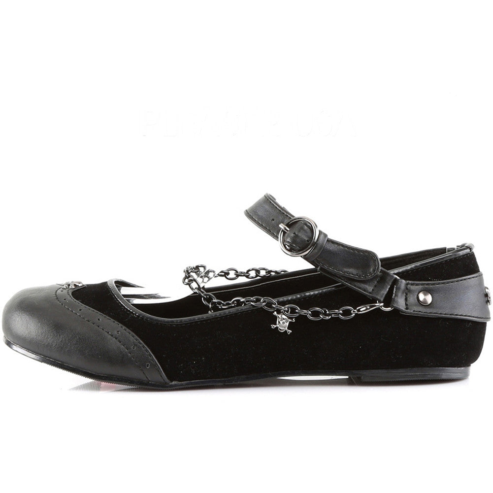 Demonia Daisy 07 Flats Velvet Skull Crossbones Chain Punk Psychobilly Goth