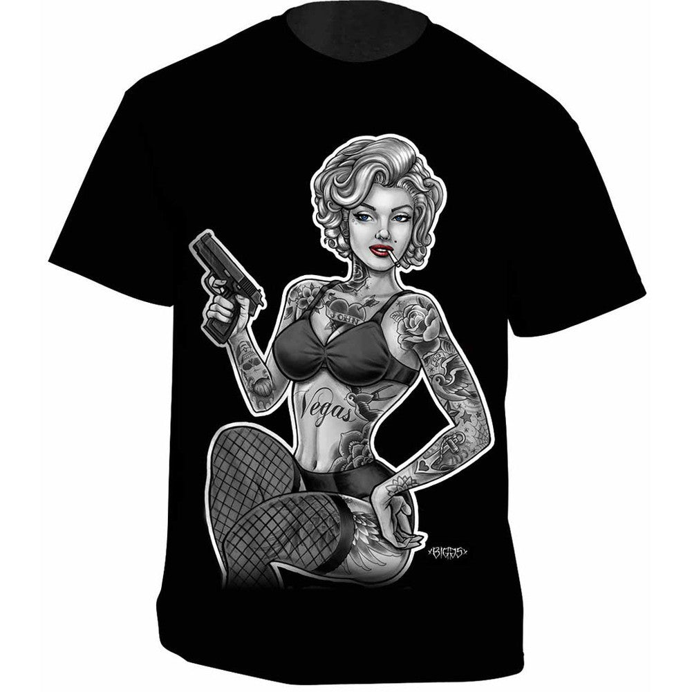 Men's Get Down Art Inked and Armed T-Shirt Black Tattooed Pin Up Gun Marilyn