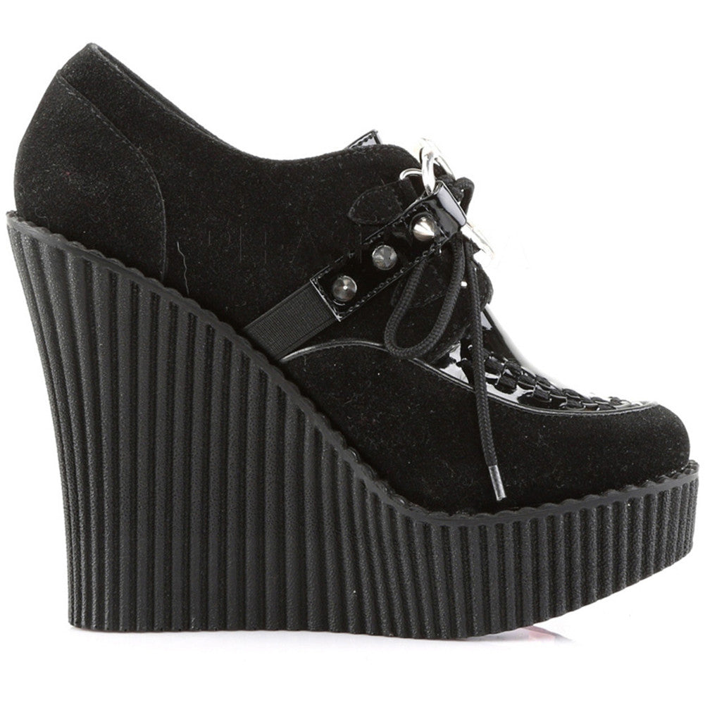 Women's Demonia CREEPER-302H Wedge Platform Heart O-Ring Shoe Black Punk