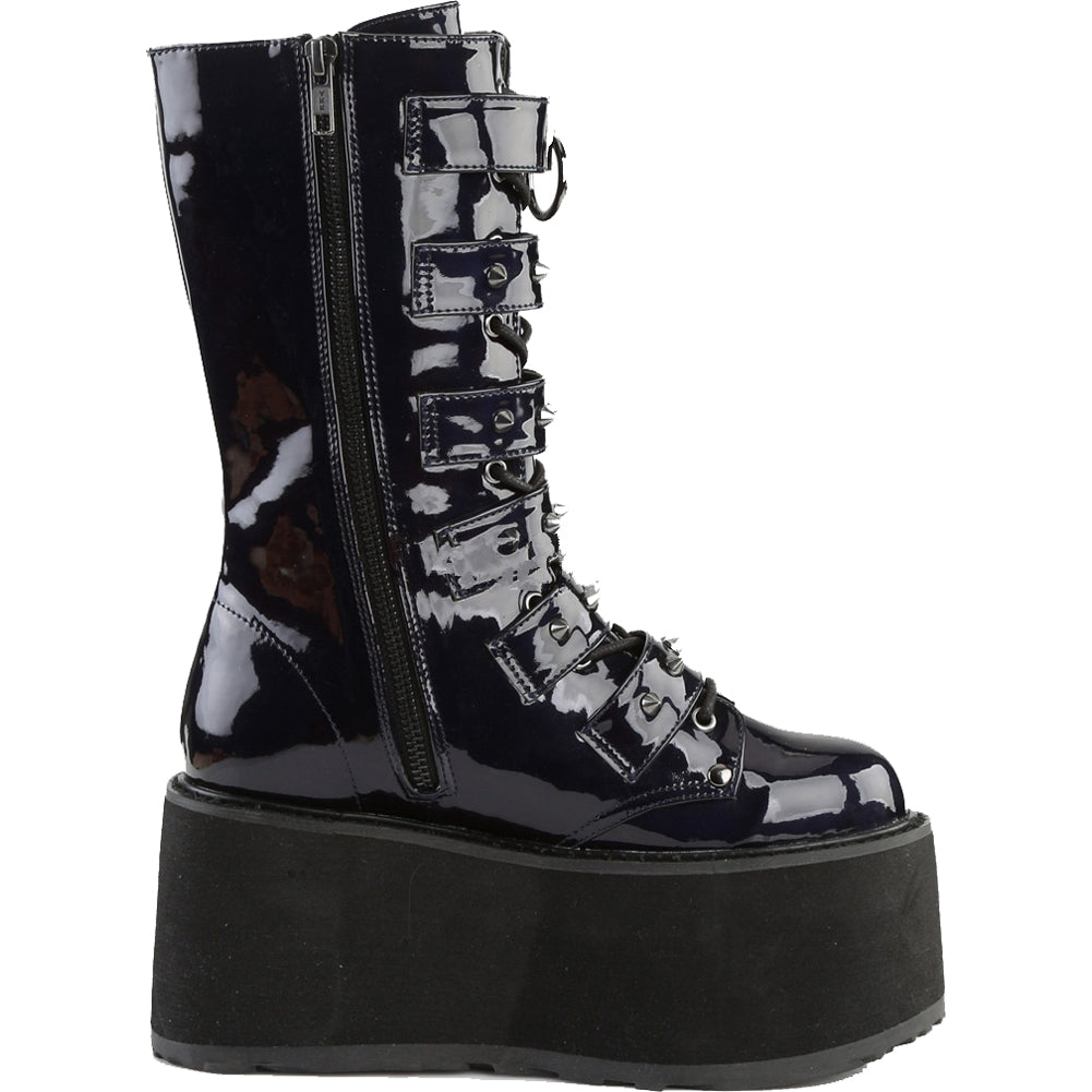Womens Demonia DAMNED-225 Platform Mid-Calf Boot Black Hologram Goth Punk Spikes