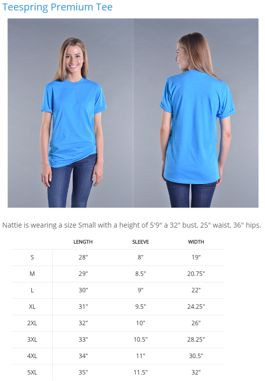 Teespring Premium Tee Size Chart