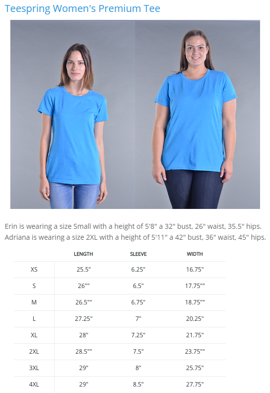 Teespring Women's Premium Tee Size Chart