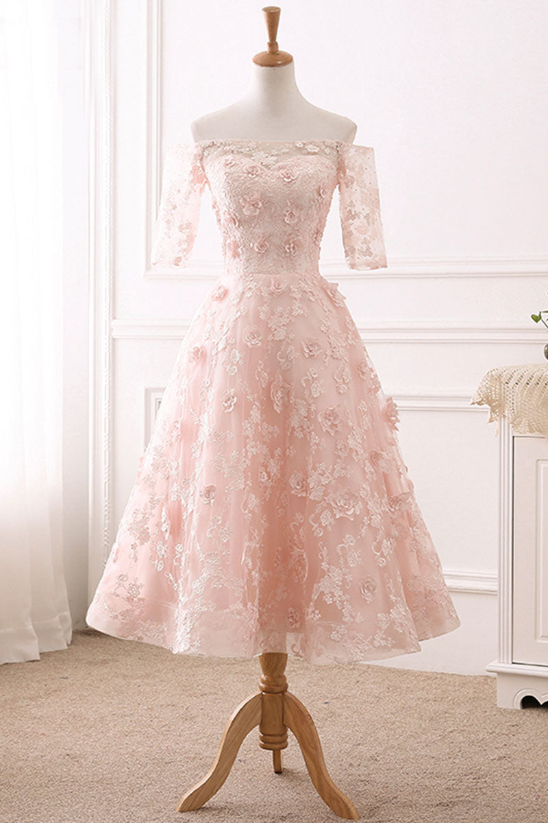 Elegant blush ballerina length wedding dress with 3/4 sleeves