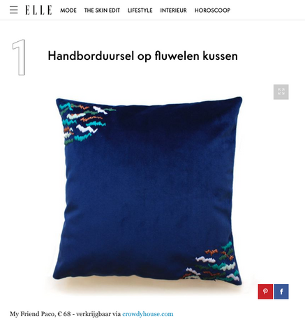 ELLE NL features embroidered velvet cushion by my friend paco