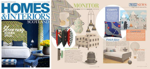 homes and interiors decor magazine features designer printed cushions by my friend paco