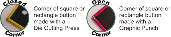 the difference between open and closed corners for square pinback buttons