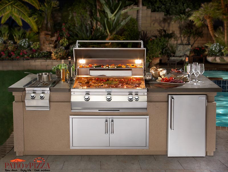 Fire Magic island with grill, side burner, and refrigerator
