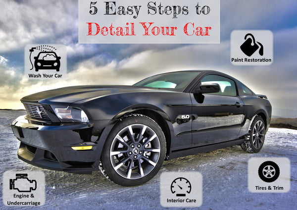 Five Steps to Detail Your Car image of Mustang GT with icons describing the detail process.