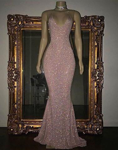Pink sequin mermaid long prom dress 